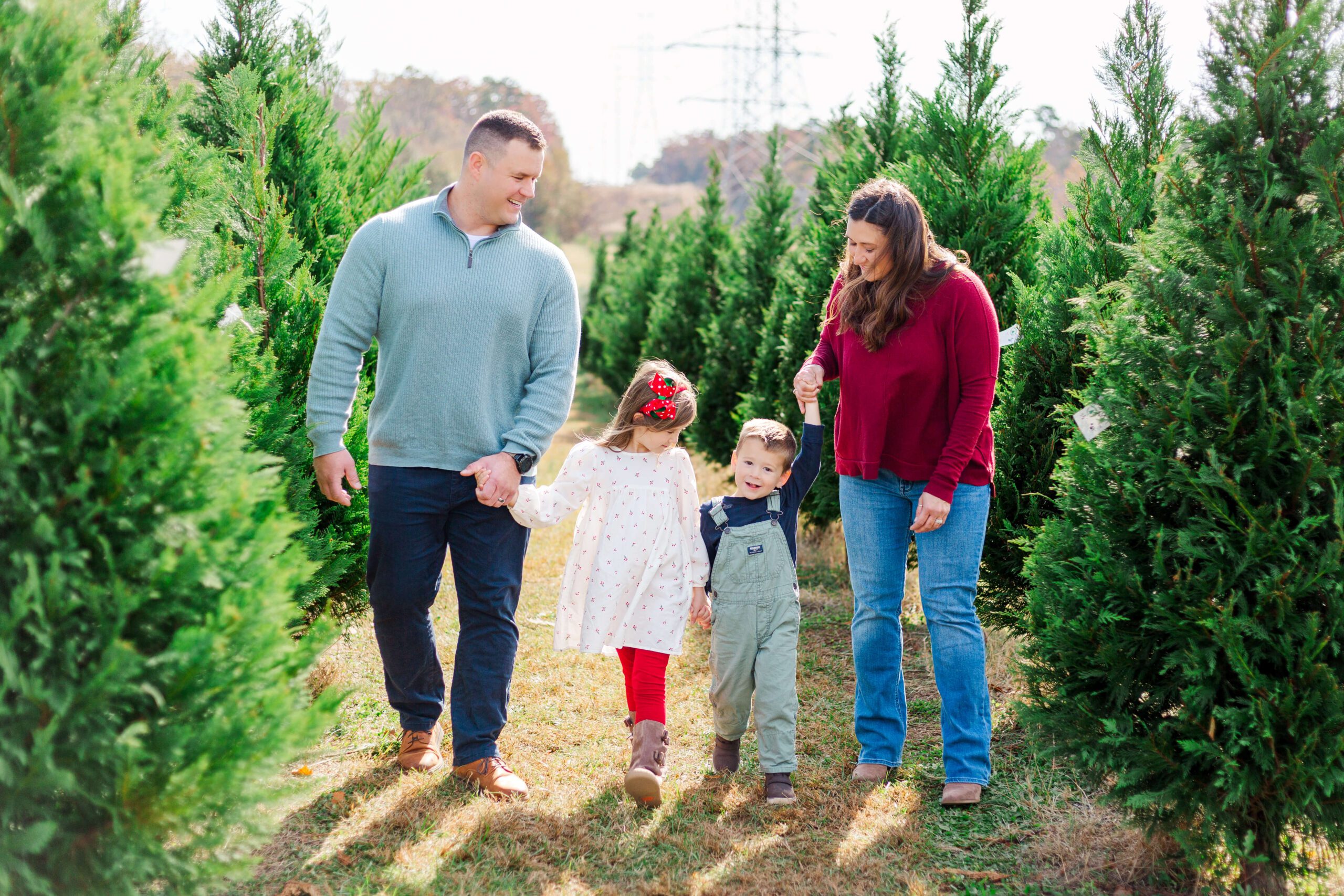 Family standing together among evergreen trees at a Christmas tree farm in Greenville SC
